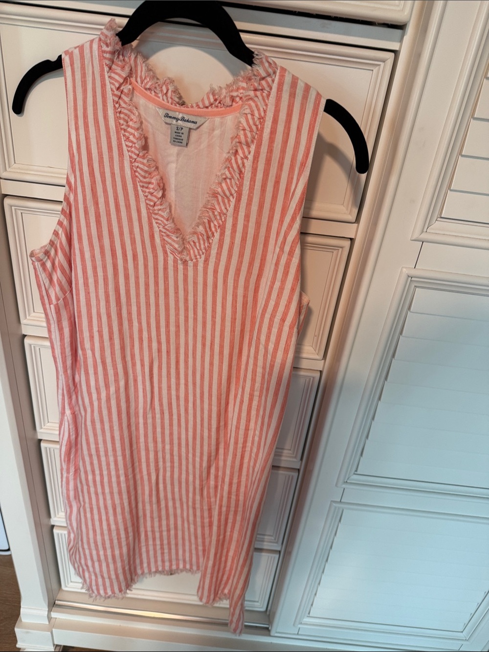 Tommy Bahama Coral Pink & White Striped Sleeveless Shift Dress. Linen raw edge.